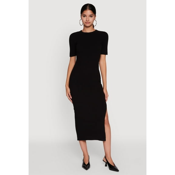 Womens Ribbed Knit Side Ruch Side Slit Midi Dress