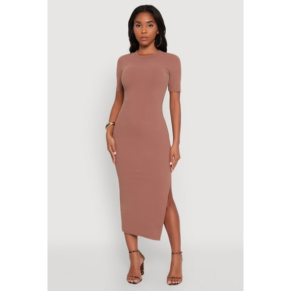 Womens Ribbed Knit Side Ruch Side Slit Midi Dress