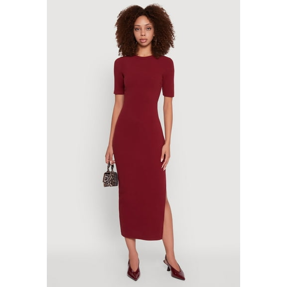 Womens Ribbed Knit Side Ruch Side Slit Midi Dress