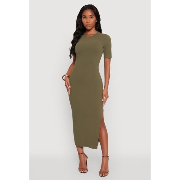 Womens Ribbed Knit Side Ruch Side Slit Midi Dress