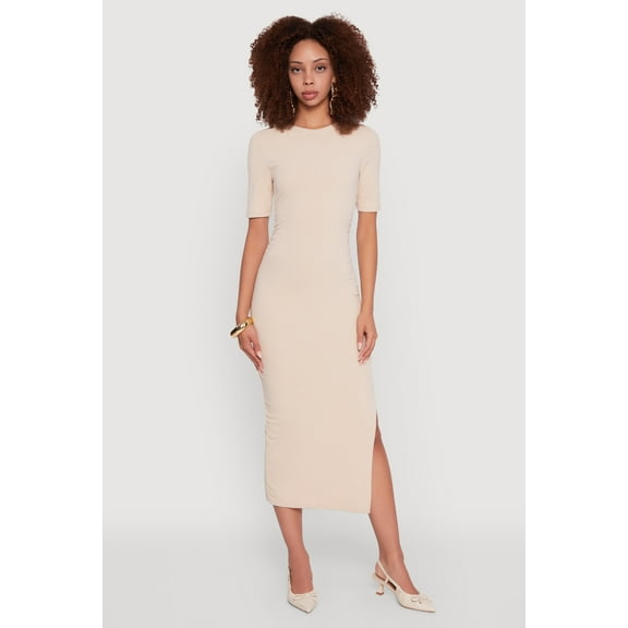 Womens Ribbed Knit Side Ruch Side Slit Midi Dress
