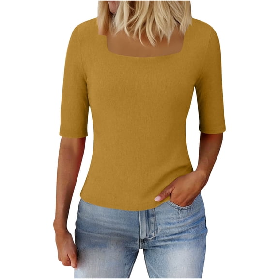 Womens Ribbed Knit Slim Fitted Shirts Half Sleeve Crewneck Tops Basic Tee Summer Dressy Casual Crop T-Shirts