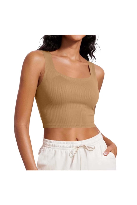 Womens Ribbed Knit Tank Top Built-in Bra Padded Cropped Cami Casual Square Neck Fitted Shirts for Yoga Lounge Daily Wear