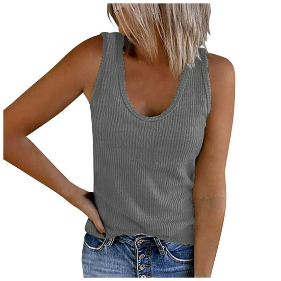Womens Ribbed Knit Tank Tops Plus Size Sleeveless U-Neck Base Shirt Solid Color Summer Casual Yoga Workout Tees