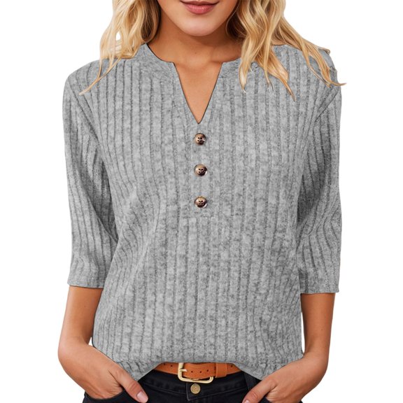 Womens Ribbed Knit Top Notched Neck Three Quarter Sleeve Button Detail Casual Tunic Shirt