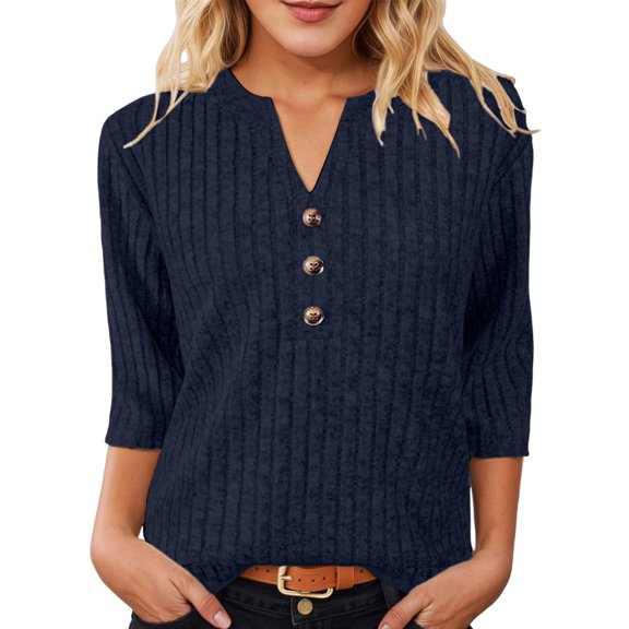 Womens Ribbed Knit Top Notched Neck Three Quarter Sleeve Button Detail Casual Tunic Shirt