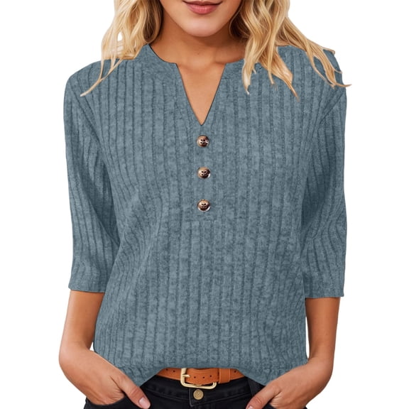 Womens Ribbed Knit Top Notched Neck Three Quarter Sleeve Button Detail Casual Tunic Shirt