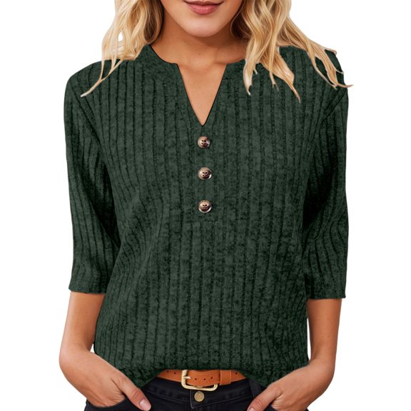 Womens Ribbed Knit Top Notched Neck Three Quarter Sleeve Button Detail Casual Tunic Shirt