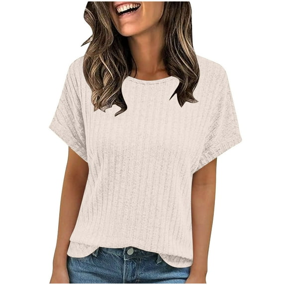 Womens Ribbed Knit Tops Fashion Casual Crew Neck T-Shirts Loose Fit Short Sleeve Summer Tee Solid Color (L, Beige)