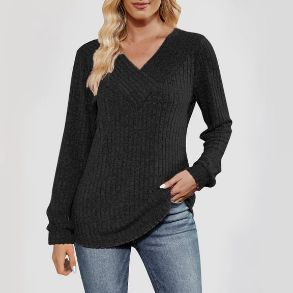 Womens Ribbed Knit Tops Lightweight Sweaters Long Sleeve Pullover Trendy 2025 Fall Clothes V Neck Sweater Blouses Black S
