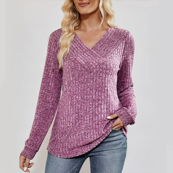 Womens Ribbed Knit Tops Lightweight Sweaters Long Sleeve Pullover Trendy 2025 Fall Clothes V Neck Sweater Blouses Purple M
