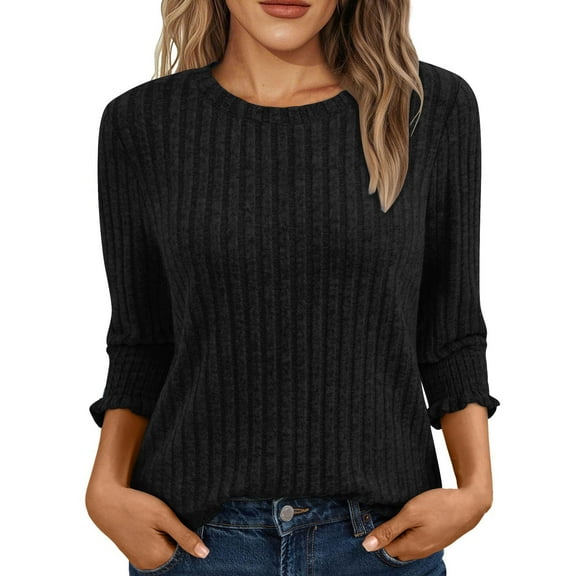 Womens Ribbed Knit Tops Ruffled 3/4 Sleeve Base Sweater Crew Neck Pullover Solid/Colorblock Fall Casual Clothes (M, Black)