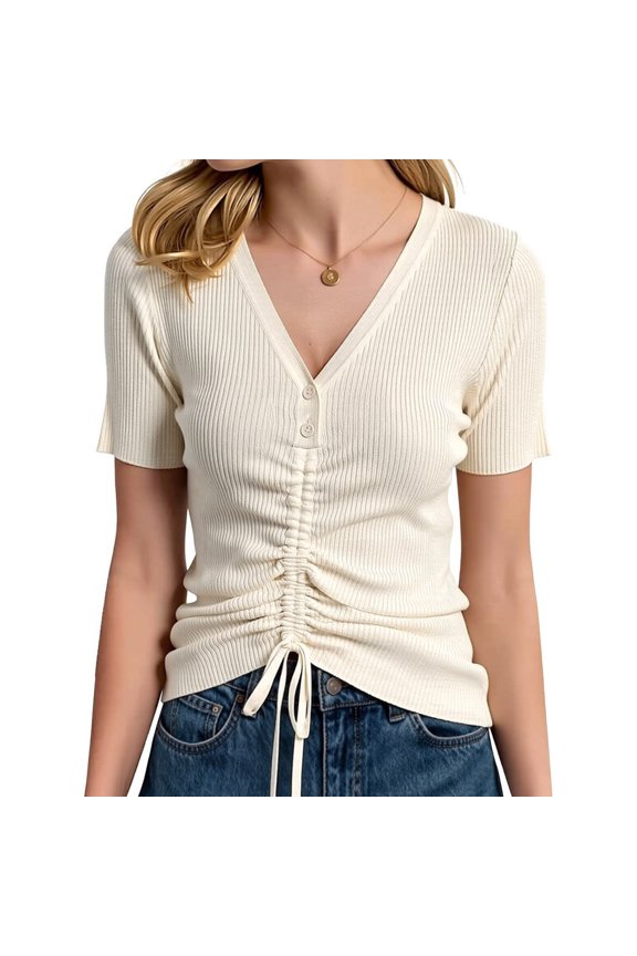 Womens Ribbed Knit Tops V Neck Short Sleeve Drawstring Ruched Front Slim Fit Casual Everyday Summer Blouses Beige S