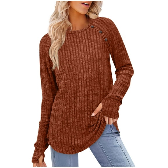 Womens Ribbed Knit Tops with Thumb Holes Long Sleeve Crew Neck Comfy Base Pullover Sweater Dressy Casual Tunics (M, Orange)