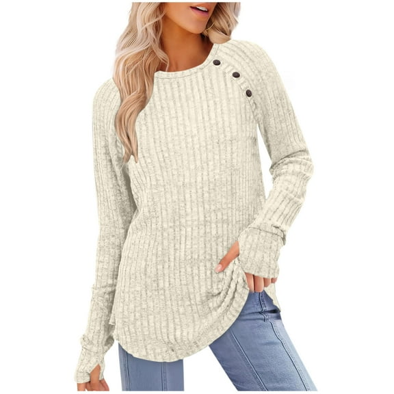 Womens Ribbed Knit Tops with Thumb Holes Long Sleeve Crew Neck Comfy Base Pullover Sweater Dressy Casual Tunics (XL, Beige)