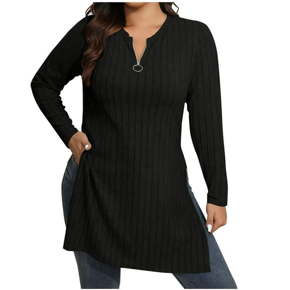 Womens Ribbed Knit Tunic Top with Side Slits, Long Tops to Wear with Leggings, Zip V Neck Long Sleeve Pullovers (2XL, Black)