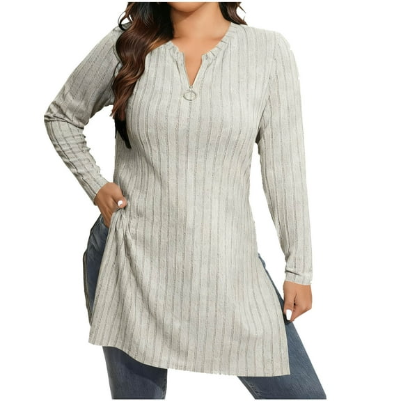 Womens Ribbed Knit Tunic Top with Side Slits, Long Tops to Wear with Leggings, Zip V Neck Long Sleeve Pullovers (L, Gray)