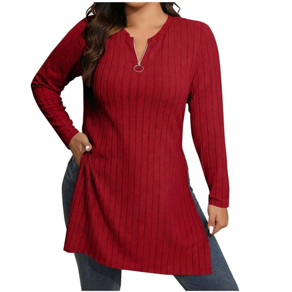 Womens Ribbed Knit Tunic Top with Side Slits, Long Tops to Wear with Leggings, Zip V Neck Long Sleeve Pullovers (M, Red)