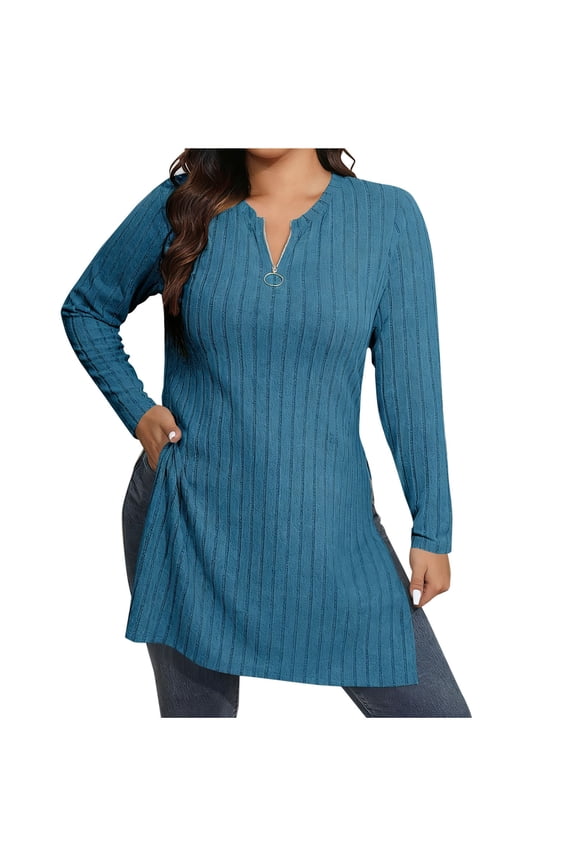 Womens Ribbed Knit Tunic Top with Side Slits, Long Tops to Wear with Leggings, Zip V Neck Long Sleeve Pullovers (XL, Blue)