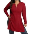 thumbnail image 1 of Womens Ribbed Knit Tunic Top with Side Slits, Long Tops to Wear with Leggings, Zip V Neck Long Sleeve Pullovers (XL, Red), 1 of 5