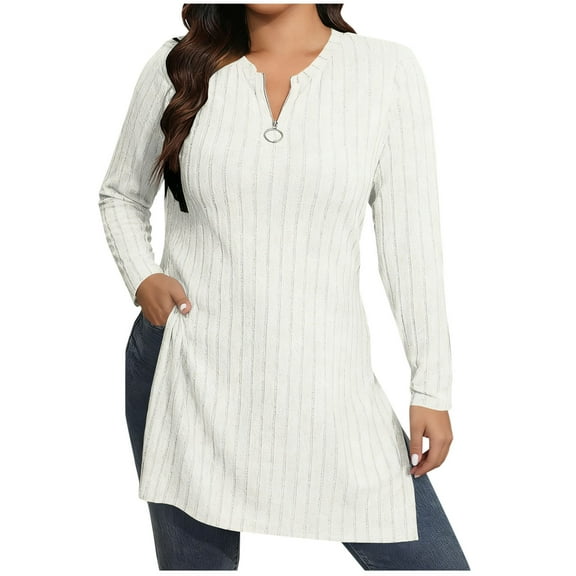 Womens Ribbed Knit Tunic Top with Side Slits, Long Tops to Wear with Leggings, Zip V Neck Long Sleeve Pullovers (XL, White)