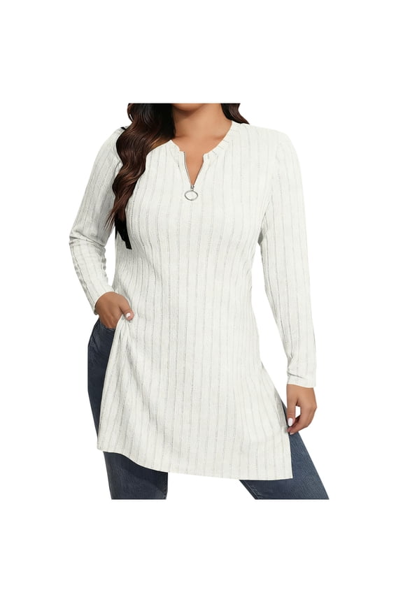 Womens Ribbed Knit Tunic Top with Side Slits, Long Tops to Wear with Leggings, Zip V Neck Long Sleeve Pullovers (XL, White)