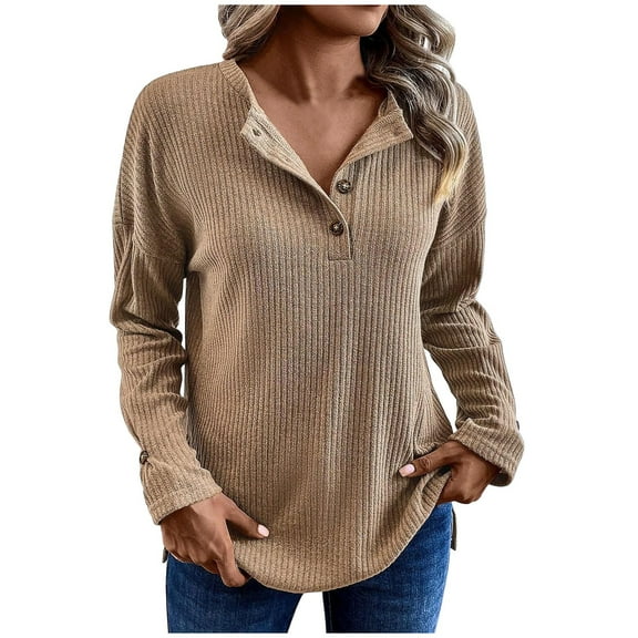 Womens Ribbed Knit Tunic Tops Button Down V Neck Loose Long Sleeve Ultra Soft Basic Fall Shirts Casual Henley Blouse