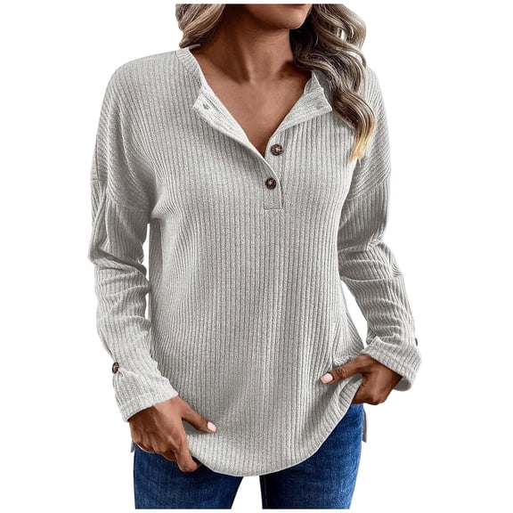 Womens Ribbed Knit Tunic Tops Button Down V Neck Loose Long Sleeve Ultra Soft Basic Fall Shirts Casual Henley Blouse