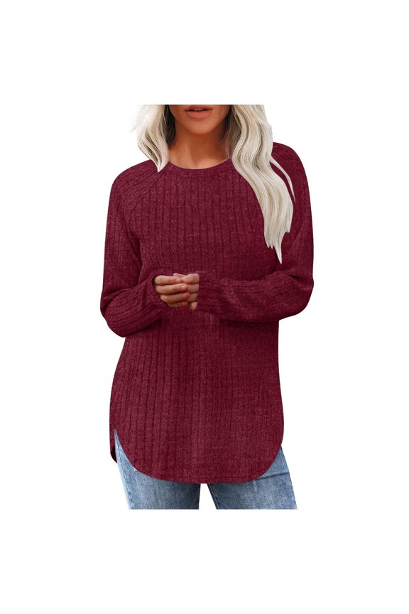 Womens Ribbed Knit Tunic Tops Split Curved Hem Loose Fit Casual Long Sleeve Raglan Sweater Lightweight Pullovers (XL, Wine)