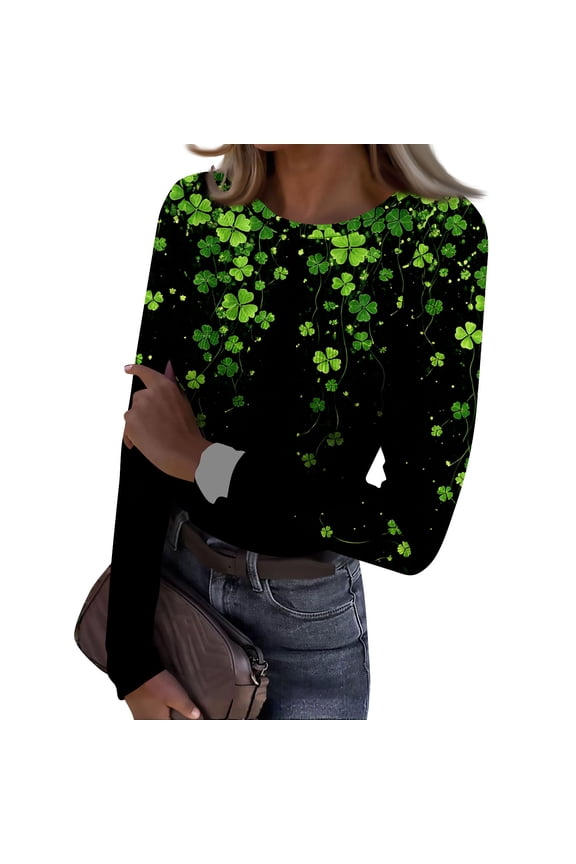 Womens Ribbed Knit Tunic Tops St Patricks Day Stretch Crewneck Shamrock Print Plus Size Ribbed Long Sleeve Shirts Casual Blouses Slim Fit Party Tee Tops
