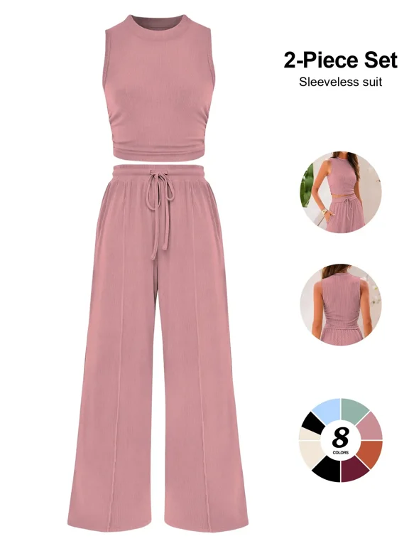 Womens Ribbed Knit Two Piece Lounge Set Sleeveless Crew Neck Crop Top and Wide Leg Pants Matching Outfit