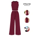 thumbnail image 1 of Womens Ribbed Knit Two Piece Lounge Set Sleeveless Crew Neck Crop Top and Wide Leg Pants Matching Outfit, 1 of 9