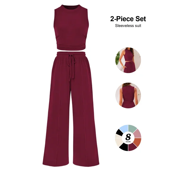 Womens Ribbed Knit Two Piece Lounge Set Sleeveless Crew Neck Crop Top and Wide Leg Pants Matching Outfit