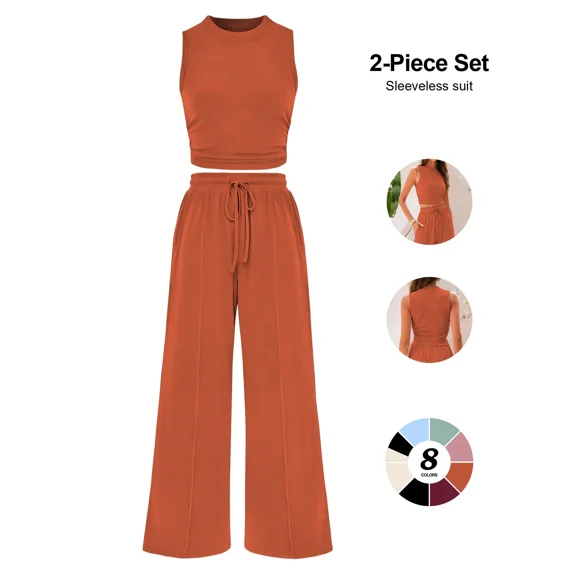Womens Ribbed Knit Two Piece Lounge Set Sleeveless Crew Neck Crop Top and Wide Leg Pants Matching Outfit