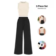 thumbnail image 1 of Womens Ribbed Knit Two Piece Lounge Set Sleeveless Crew Neck Crop Top and Wide Leg Pants Matching Outfit, 1 of 9