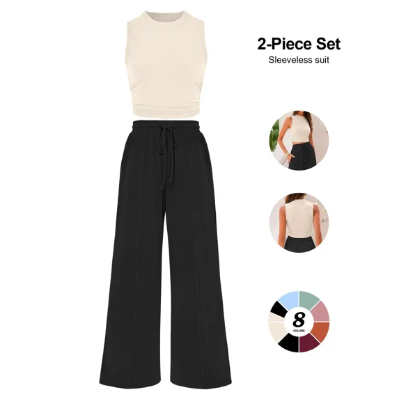 Womens Ribbed Knit Two Piece Lounge Set Sleeveless Crew Neck Crop Top and Wide Leg Pants Matching Outfit