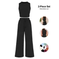 thumbnail image 1 of Womens Ribbed Knit Two Piece Lounge Set Sleeveless Crew Neck Crop Top and Wide Leg Pants Matching Outfit, 1 of 9