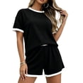 thumbnail image 1 of Womens Ribbed Knit Two-Piece Set Casual Short Sleeve T Shirt And Shorts Matching Outfit With Contrast, 1 of 8