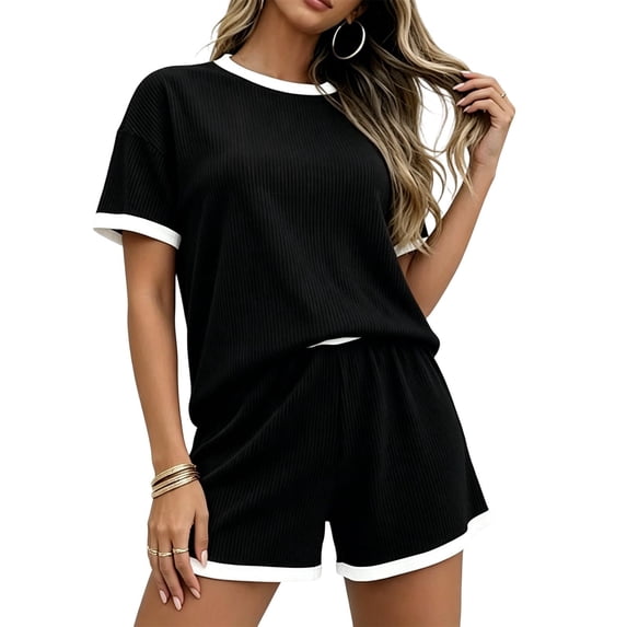 Womens Ribbed Knit Two-Piece Set Casual Short Sleeve T Shirt And Shorts Matching Outfit With Contrast