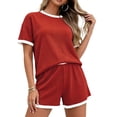 thumbnail image 1 of Womens Ribbed Knit Two-Piece Set Casual Short Sleeve T Shirt And Shorts Matching Outfit With Contrast, 1 of 7