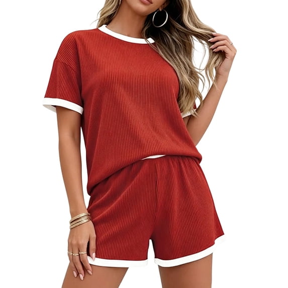 Womens Ribbed Knit Two-Piece Set Casual Short Sleeve T Shirt And Shorts Matching Outfit With Contrast