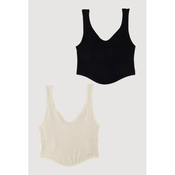 Womens Ribbed Knit V-Neck Bralettes with Shelf Bra 2-Pack