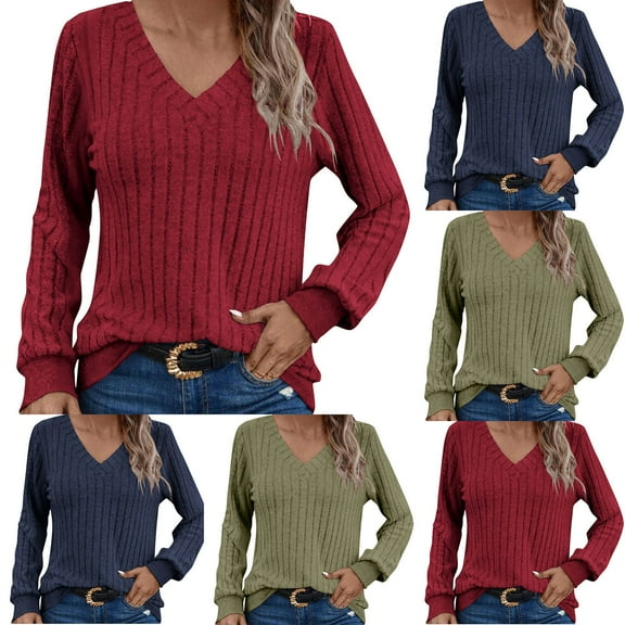 Womens Ribbed Knit V Neck Shirt Long Sleeve Fall Fashion Tops Lightweight Dressy Casual Tunic Sweater Cute Trendy Work Outfits