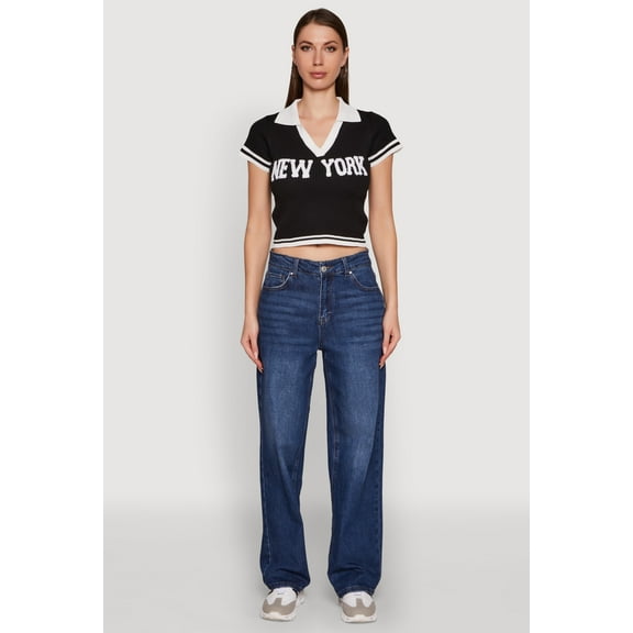 Womens Ribbed Knit Varsity Stripe New York Cropped Polo Top