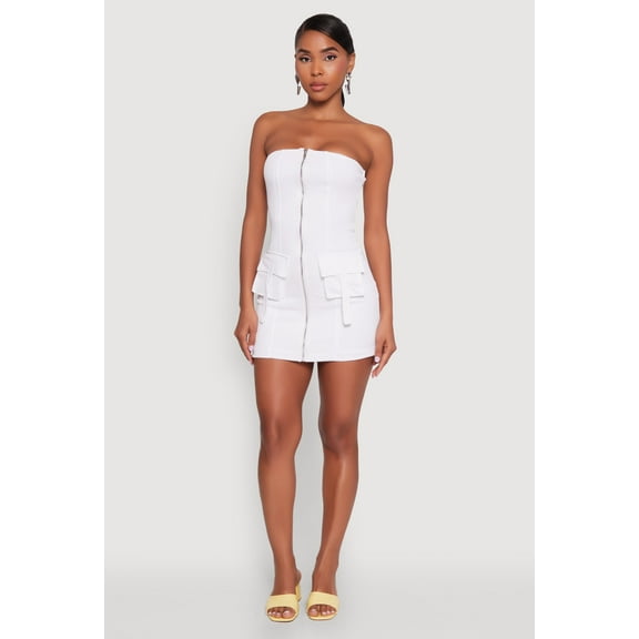Womens Ribbed Knit Zip Front Cargo Pocket Tube Dress
