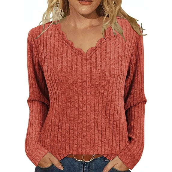 Womens Ribbed Knitted Fall Sweater, Long Sleeve Pullover for Women Fashion Loose Fit Solid Color Lace V Neck Sweaters