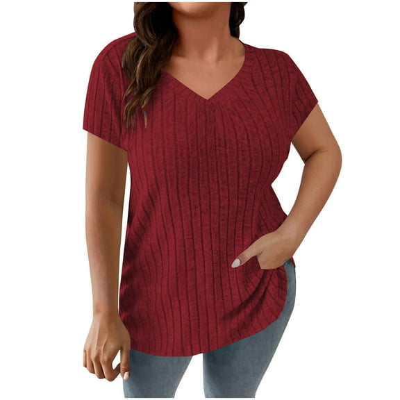 Womens Ribbed Knitted Summer Tops, Short Sleeve Pullover for Women Plus Size Casual Solid Color V Neck Thin Sweaters