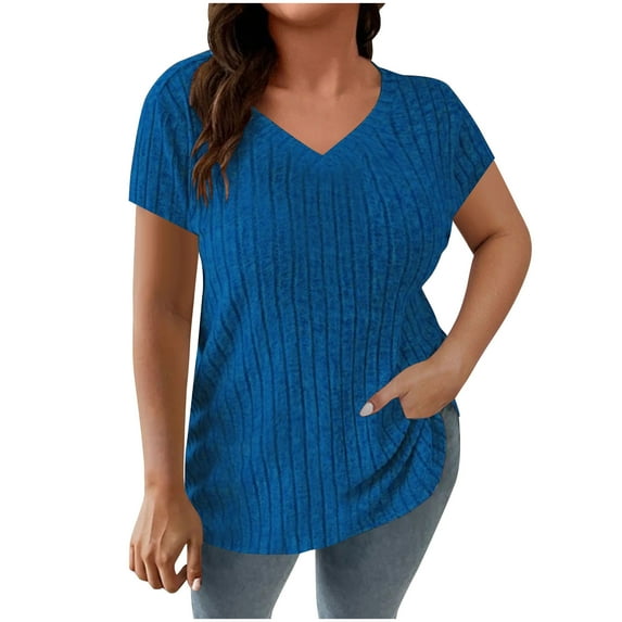 Womens Ribbed Knitted Summer Tops, Short Sleeve Pullover for Women Plus Size Casual Solid Color V Neck Thin Sweaters