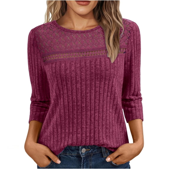 Womens Ribbed Knitted Sweater, Long Sleeve Pullover for Women Fall Fashion Loose Fit Warmth Fleece Solid Color Hollow Lace Crewneck Sweaters