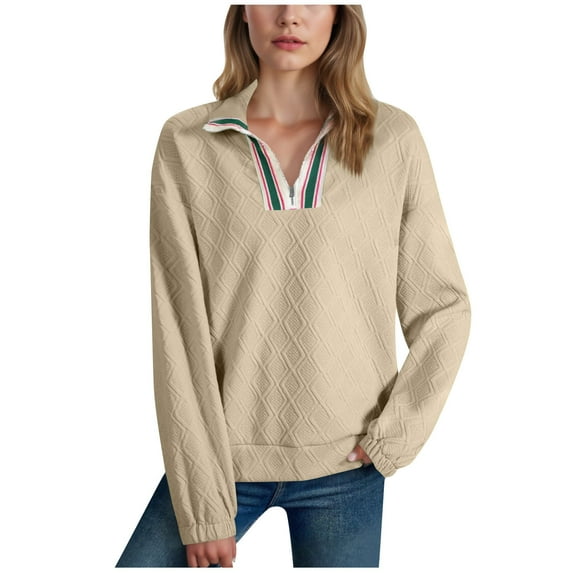 Womens Ribbed Knitted Thin Sweaters, Zip Up Sweatshirt for Women Fall Fashion Loose Fit Solid Color V Neck Long Sleeve Pullover